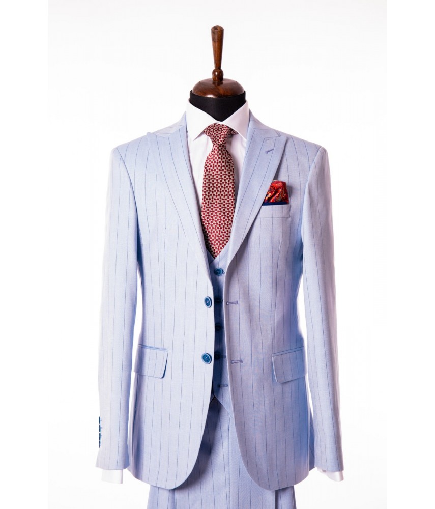 Costum Barbati Cu Dungi Albastru Deschis  